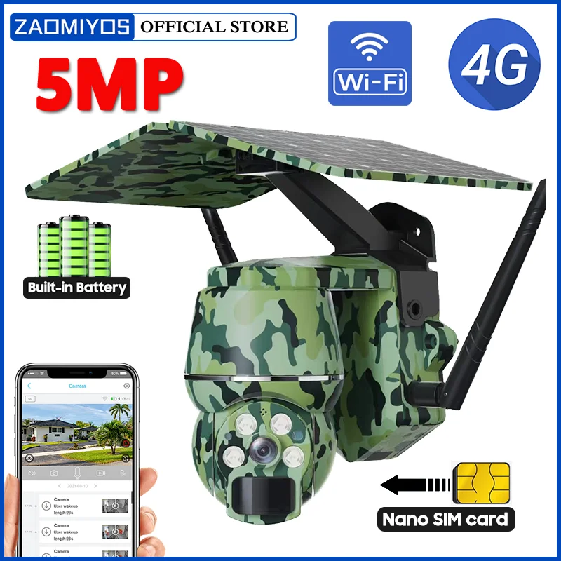 

ZAOMIYOS 2K UHD 4G SIM Outdoor Wildlife Solar Camera 5MP WIFI Human/Animal Detection Wireless PTZ Waterproof Security IP Cam