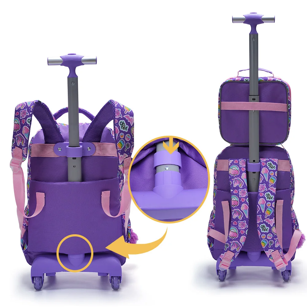 3PCS set Rolling Backpack For Girls Wheeled School BookBag With Lunch And Pen Bag Purple Unicorn Cute sequin Glow-in-the-dark