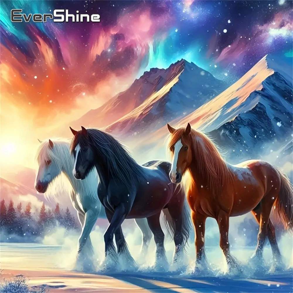 Evershine Bedrucktes Kreuzstich-Set, Tier-Handarbeit, Stickerei, Pferd, Zubehör, Bild, 11 CT, Schnee, Berg, Winter, Heimdekoration