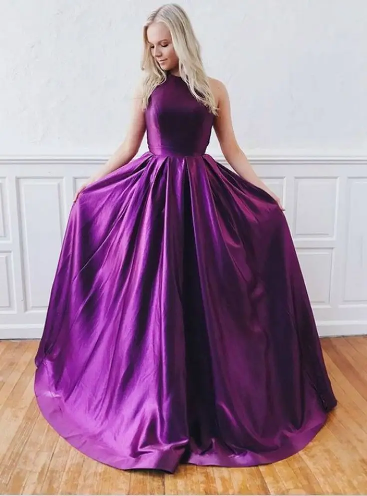 

Long Prom Dresses Halter Backless Sleeveless A Line Satin Purple Women Formal Party Evening Gowns Special Occasion Dresses