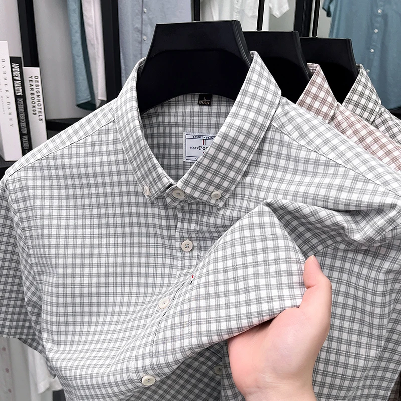 100% pure cotton men's short sleeve shirt luxury new fashion personality checkered printed breathable summer business casual top