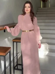 TARUXY Knitted Long Dress With Belt Women's Turtleneck Pullover Solid Sweater Dresses Fashion Long Sleeve Holiday Party Clothes