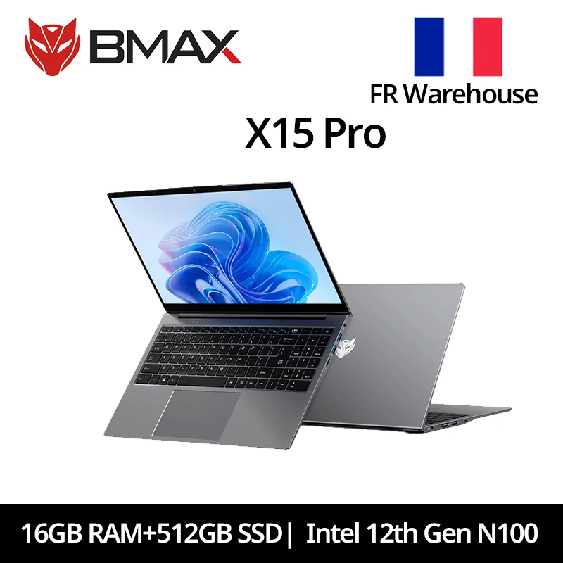 Ordinateur portable Bmax X15 Pro 15,6 pouces, 16 Go de RAM, 512 Go de SSD, processeur Intel 12e génération N100, Windows 11, 1920*1080, HDMI, Wifi, USB