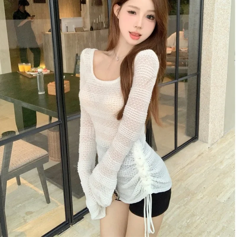 Pullovers Women New Knitted Sweaters Long Sleeve Strap Seaside Sun Protection Tops Hollow Out Slim Irregular Hem Temperament