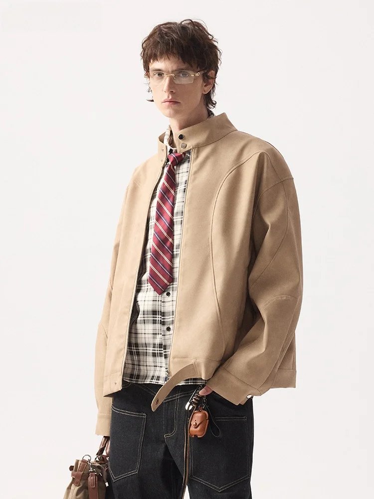 Omjk الأمريكية الرجعية تفكيك المرقعة الوقوف طوق الرجال الجلود Jaet الخريف الشتاء الاتجاه الجديد العلامة التجارية كول دراجة نارية S... #2