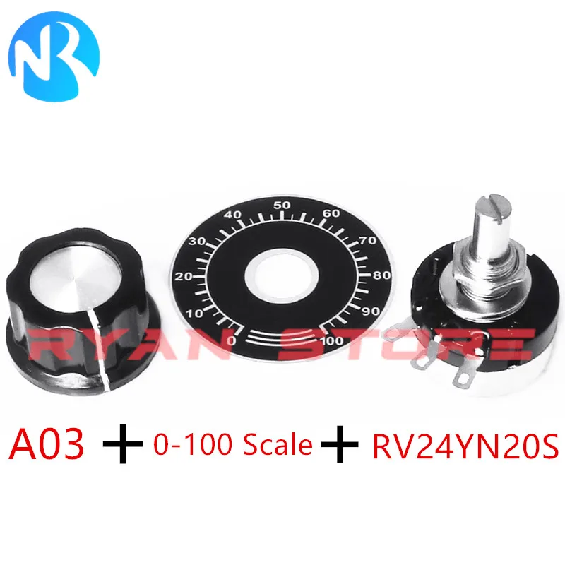 RV24YN20S B102 B202 B502 B103 B203 B503 B104 B504 Ом Однооборотный поворотный конический потенциометр из углеродной пленки с ручкой A03–100 масштаба