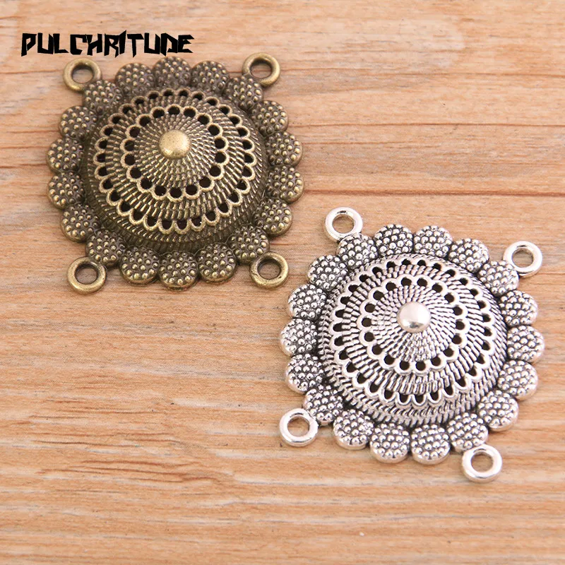 PULCHRITUDE 4pcs 34*34mm New Product Two Color Zinc Alloy Round Hollow Flower Connectors Jewelry Making DIY Handmade Craft