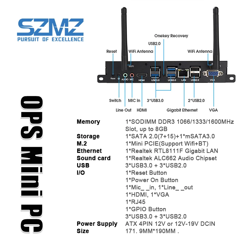 SZMZ-Mini PC portable OPS, ordinateur de jeu, ordinateur de bureau, WiFi HD, processeur I3, I5, I7, prise en charge de Windows 10, DDR3, 8 Go, 256 Go SSD