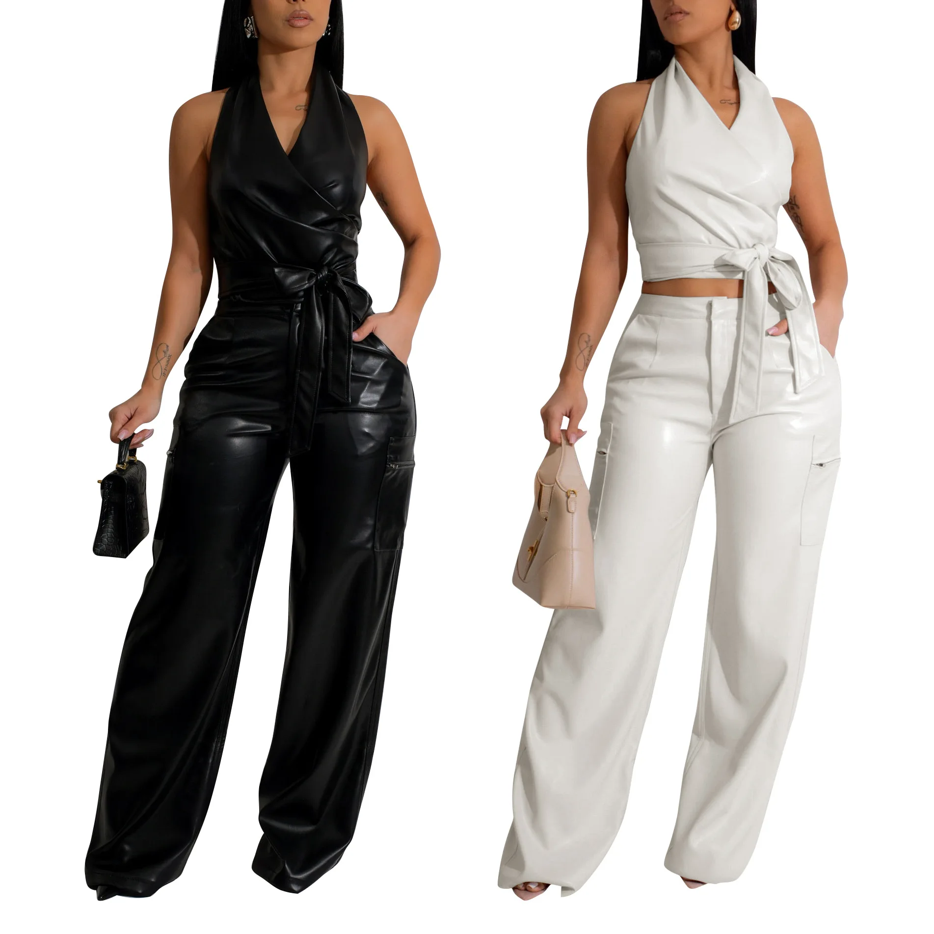 

Women's PU Leather Suit Sleeveless Hanging Neck Sexy Suit Leather Pants Two-piece Set Summer 2025