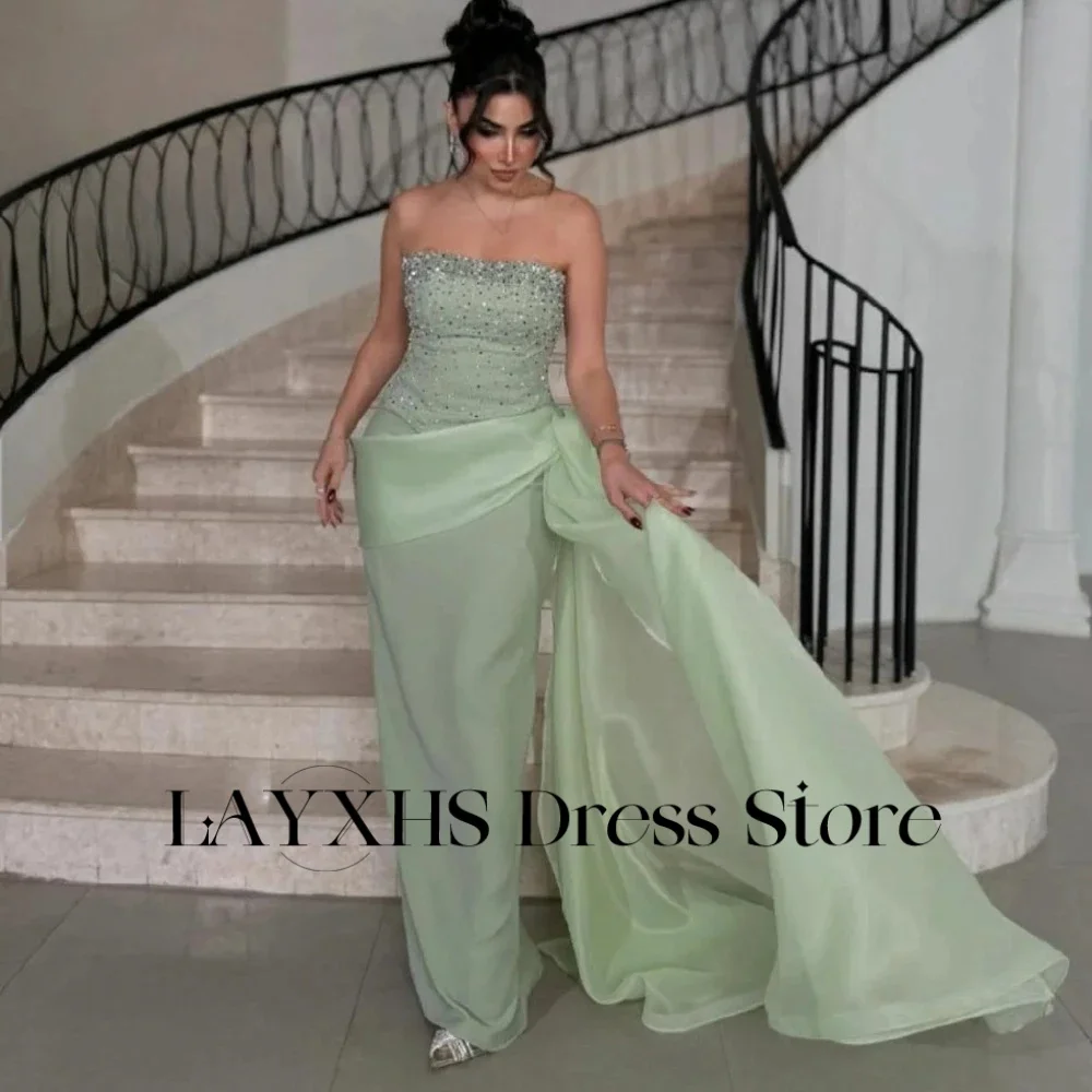 LAYXHS – robe de soirée verte sans bretelles, style sirène, avec traîne Court perlée, robes de bal personnalisées