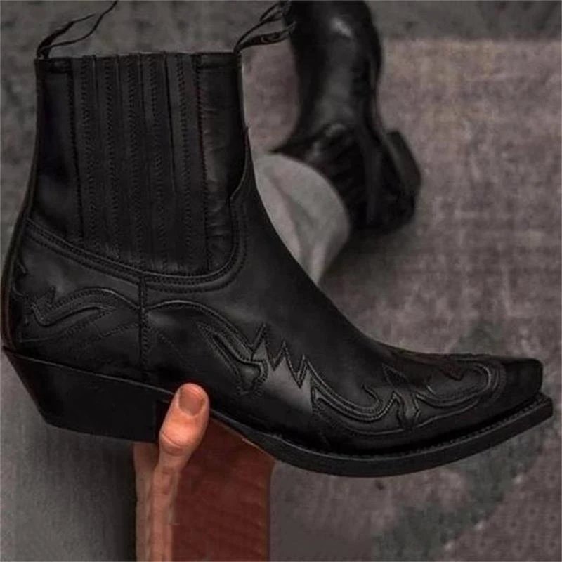 New Men Cowboy Boots Western Ankle Boots Pointed Toe Slip-On Burn Flowers Women Boots  Size 35-48