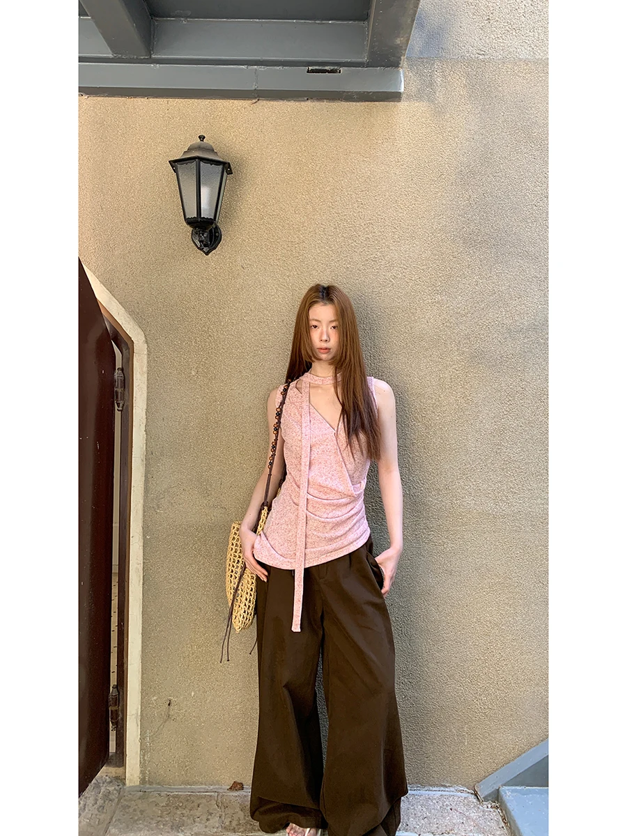 Red Celebri Store Gilet à bretelles pour vêtements d'extérieur d'été pour femmes Svel Ne suspendu haut de gamme rose Colorway Commute Sle Polyeste...