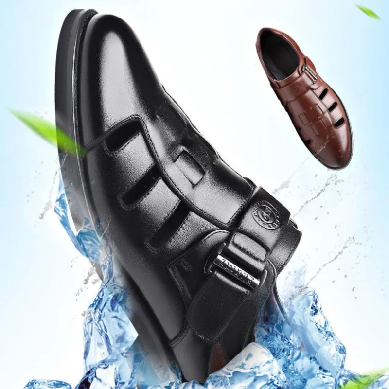 XIHAHA Summer Men Casual Leather Sandals Hollow Leather Shoes Breathable Hole Shoe Sandals Mens Slippers Hombre  Shoes Sneaker
