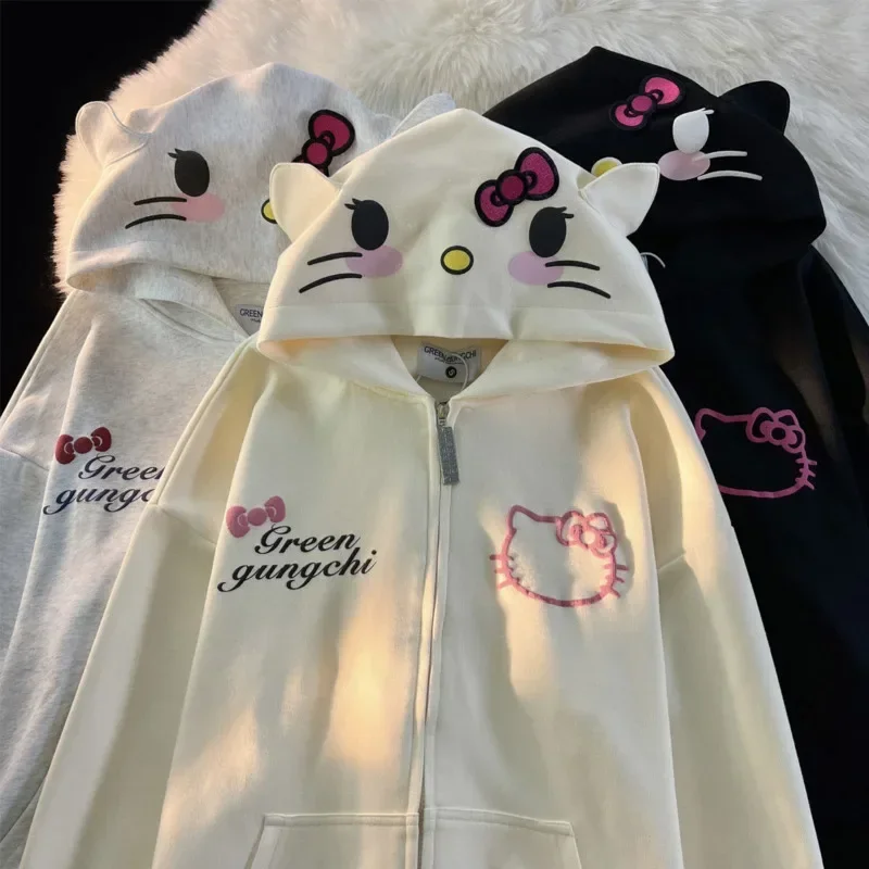 

Весенне-осеннее пальто с капюшоном Sanrio HelloKitty, толстовка с капюшоном и мультяшным принтом на молнии, флисовый свитшот для девочек Y2k, кардиган, Топ