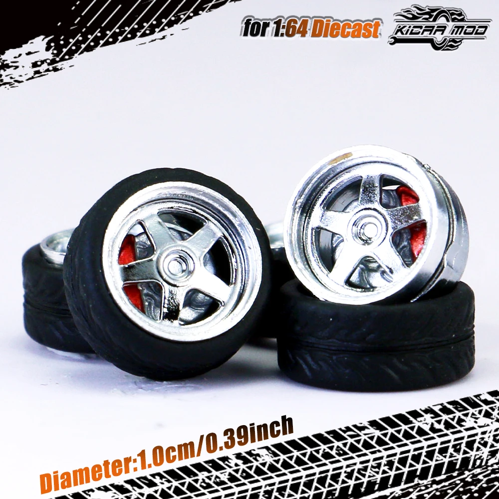 Kicarmod 1/64 Model Car ABS Wheels with Rubber Tire Brake Disc Metal Rims Diameter 10mm Refitting Parts For Model Car Hot Wheels