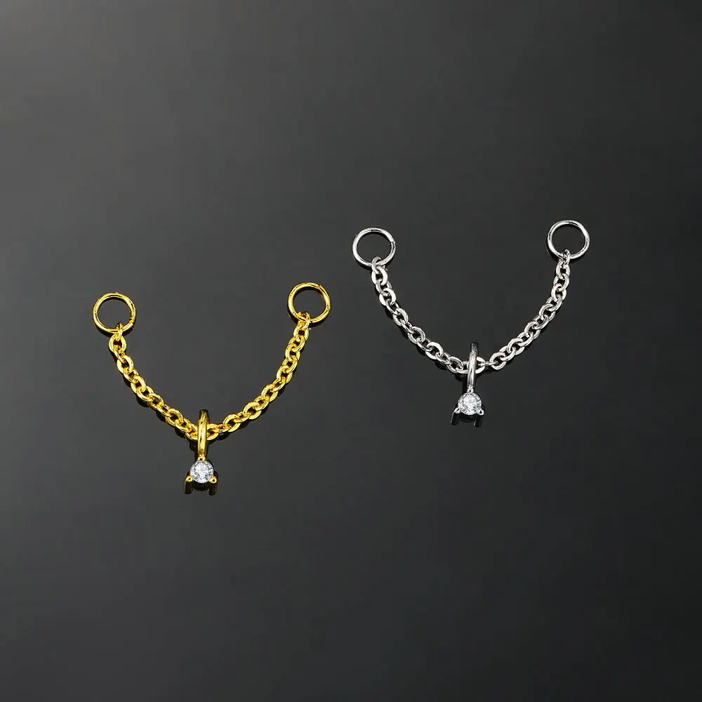 1PC Link Chain Ear Piercing Nose Hinged Earring with Round Zricon Pendant Ins Fashion Gold Color Piercing Chains Body Jewelry