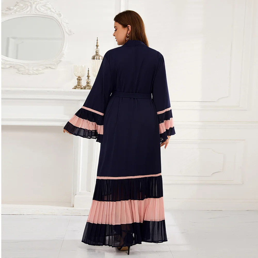 Turkey Store African Style Elegant Muslim Women's Outwear Pleated Color Block Maxi Dress for Women Abaya Dubai Muslim Fashion