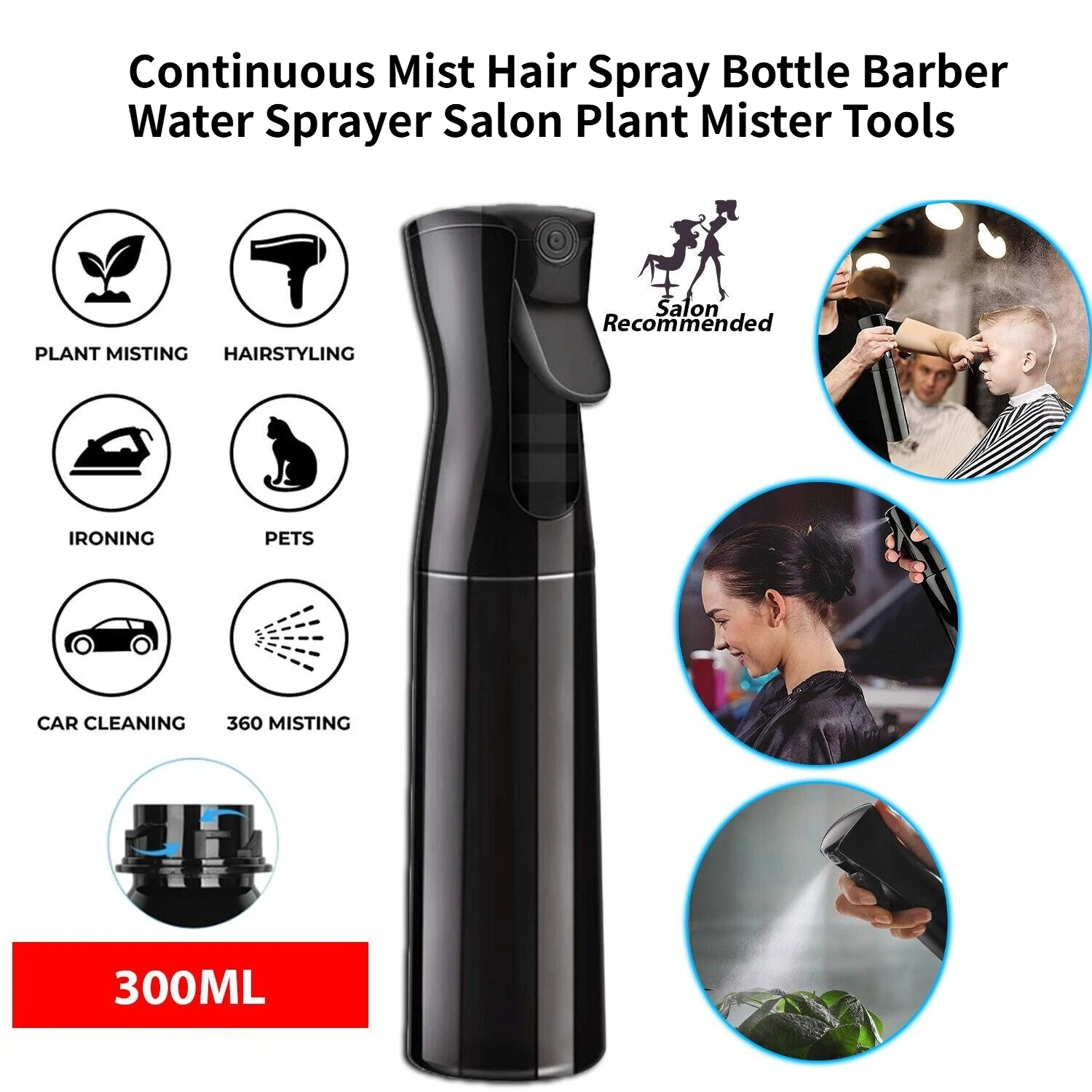 Continuous Mist Hair Spray Bottle Barber Water Sprayer Salon Plant Mister Tools