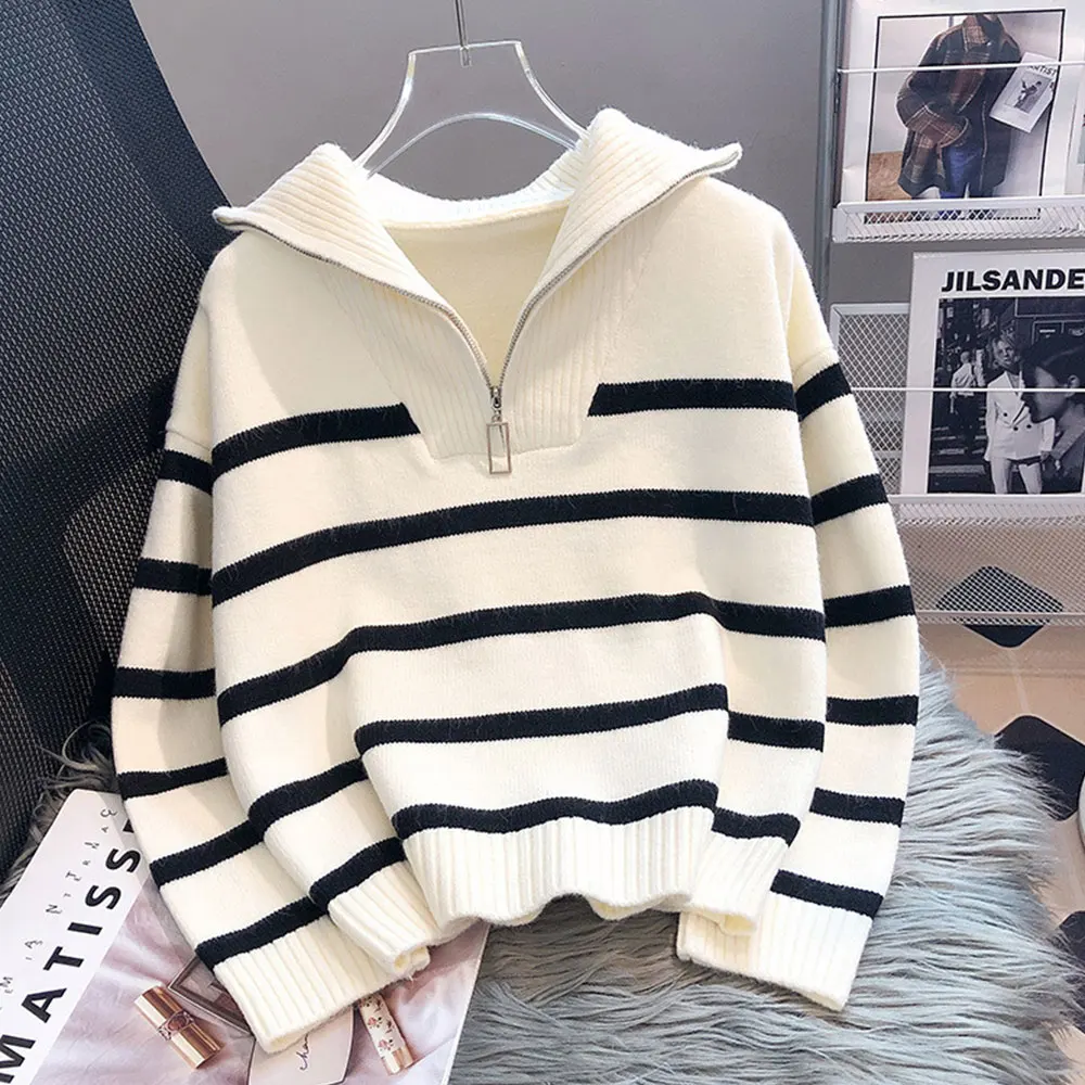 

Mia Muse Boutique женский свитер осень-зима для свиданий молодежный полосатый вязаный свитер на молнии в рубчик с длинными рукавами и матросским воротником повседневный свитер