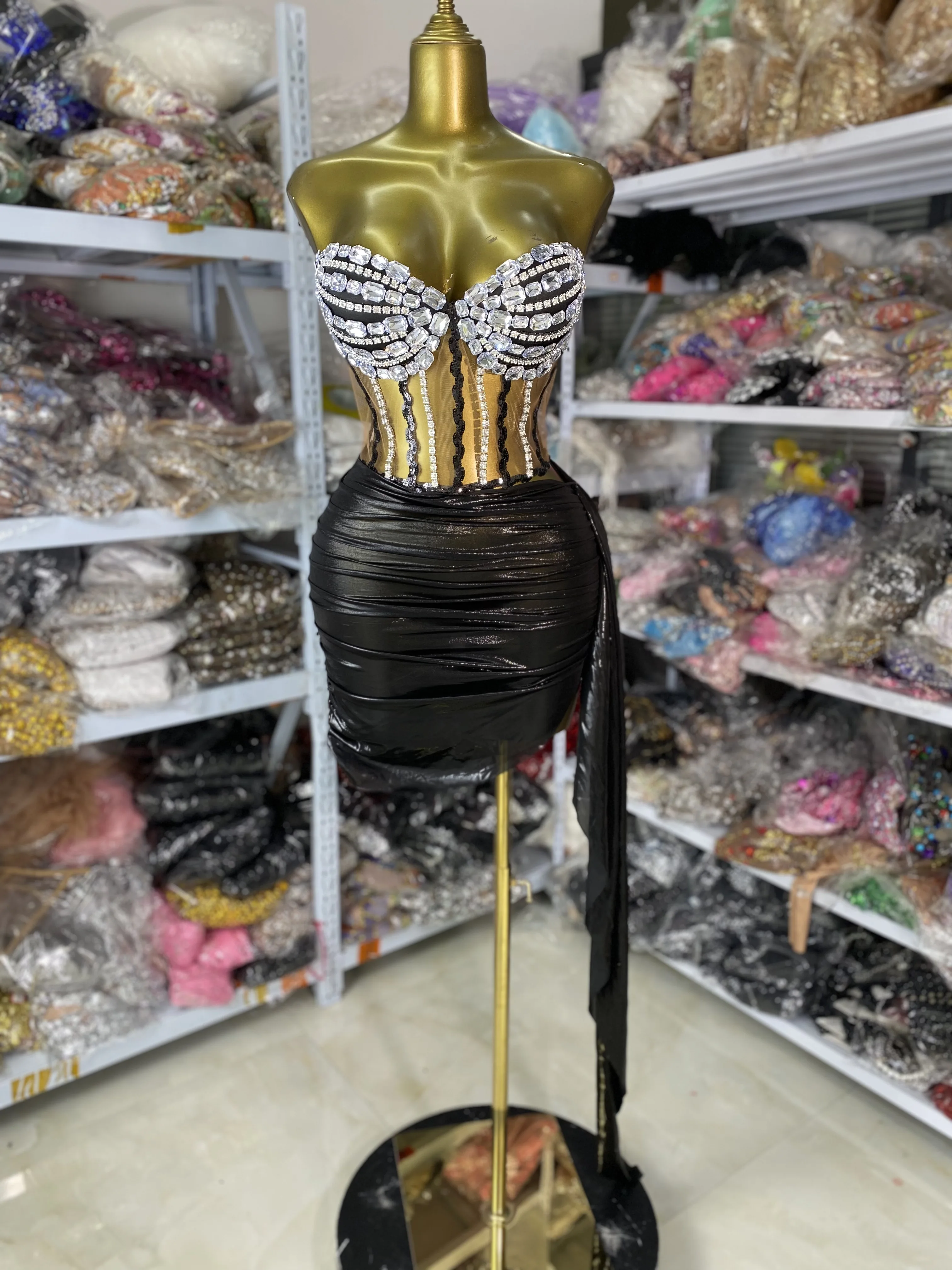 

Women Rhinestones Diamonds Sequines Corset Bustier Top And Mini Bronzing Skirt Two Piece Sets Festival Evening Club Party Outfit