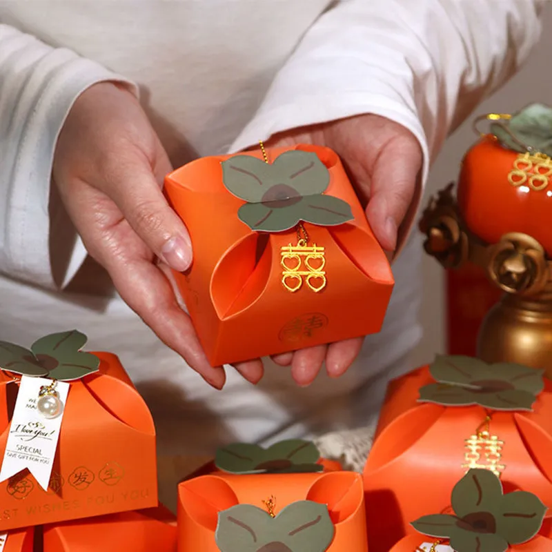 

Orange Double Happiness Wedding Persimmon Candy Box Cute Party Gift For Guests Chocolate Packaging Box