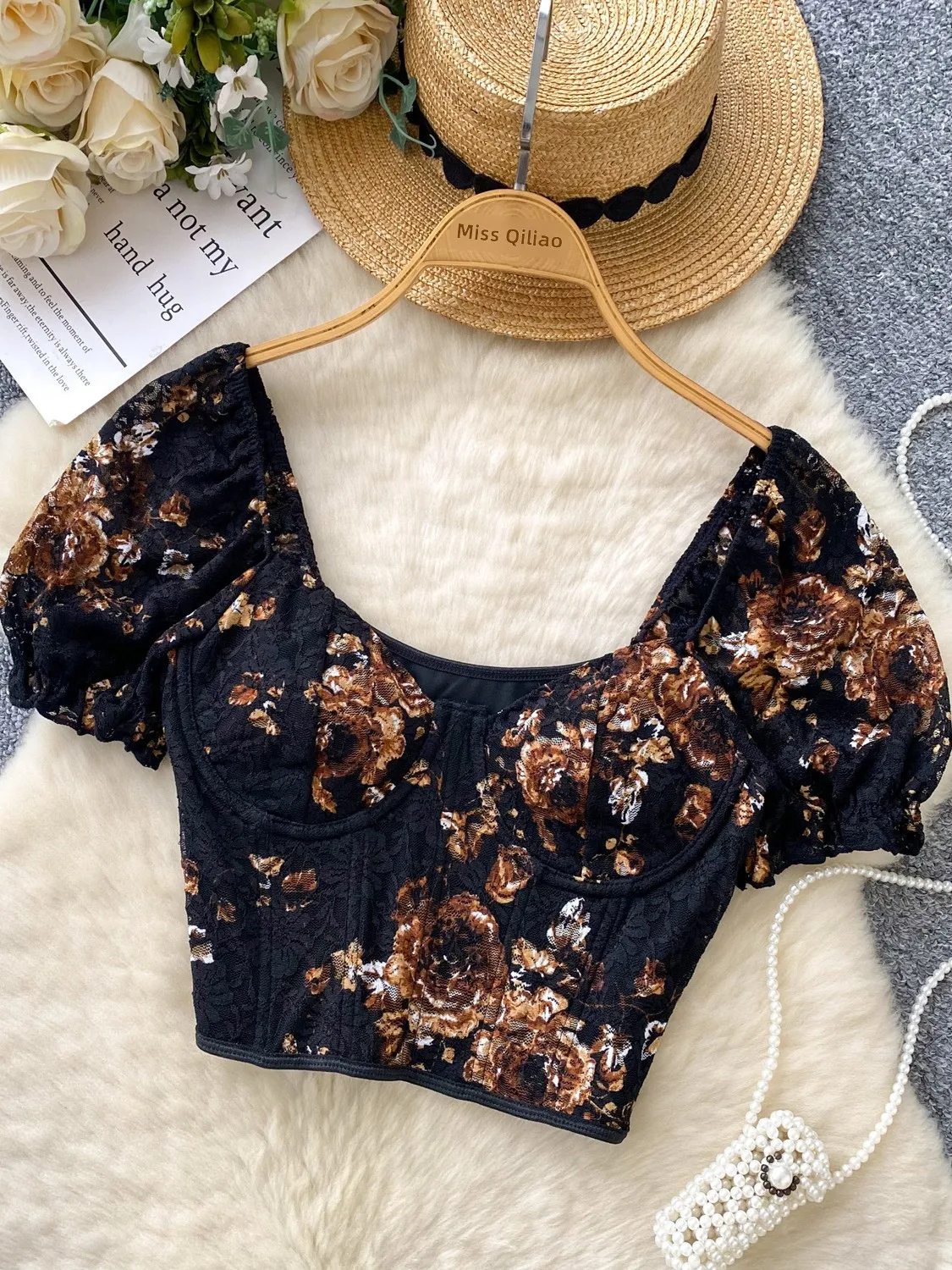 Sweet Court-Top de encaje con bordado pesado para mujer, csa informal de manga corta de estilo coreano, ajustada, a la mod...