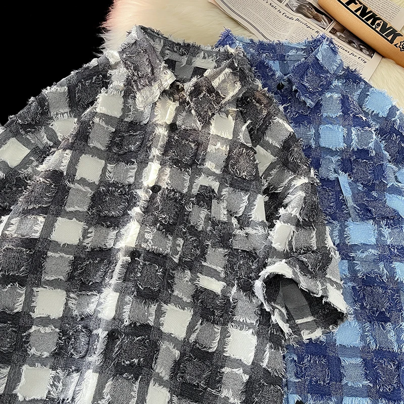 

Мужская клетчатая рубашка с флисовым покрытием, тонкая летняя верхняя одежда с короткими рукавами, винтажная рубашка в японском стиле, стандартного кроя, молодежная модная рубашка