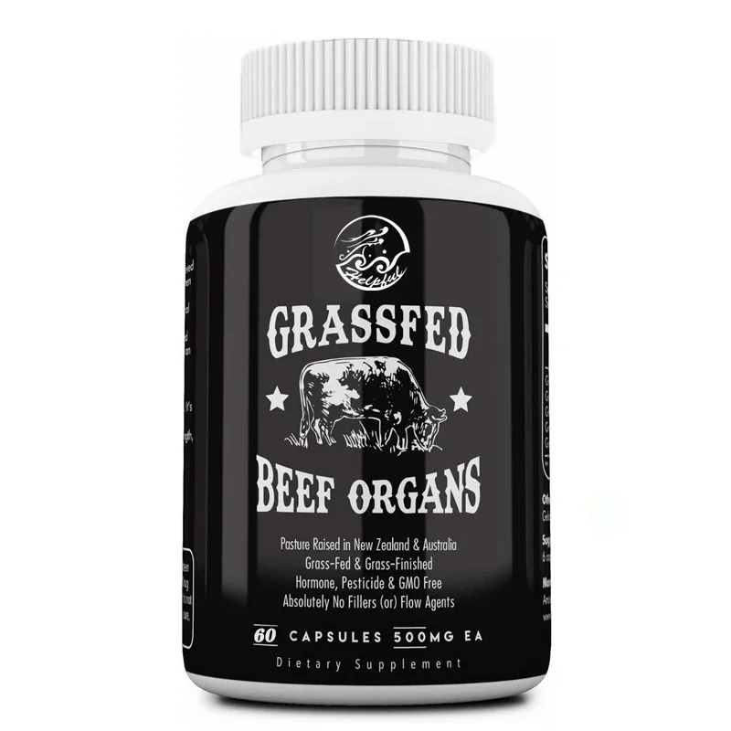 Grass fed beef organ supplement, containing liver, heart, kidney, pancreas, crispy, freeze-dried beef, non GMO, 60 capsules