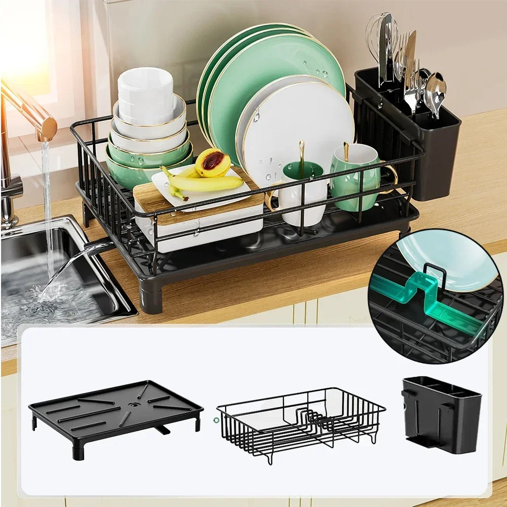 Iron Kitchen Dish Draining Rack with Removable Drip Tray Countertop Household Bowl and Fork Storage Rack Dish Racks for Sinks