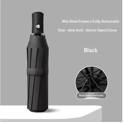 Fully Automatic Folding Umbrella Black Coated Sun Rain Dual‑Use Windproof Compact Portable Travel Parasol for Men Women