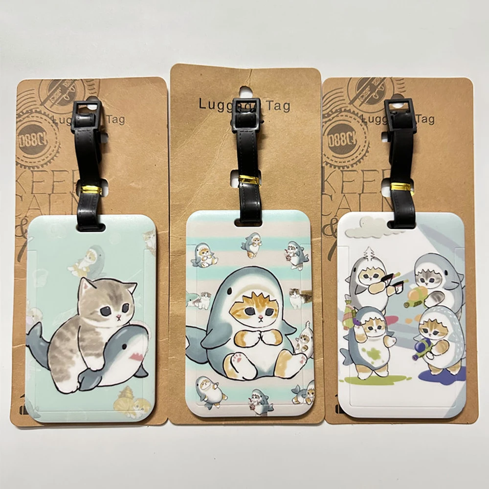 Etiqueta de equipaje con diseño de gato de tiburón Kawaii para hombres y mujeres, accesorios de viaje, etiqueta de equipaje de PVC de dibujos