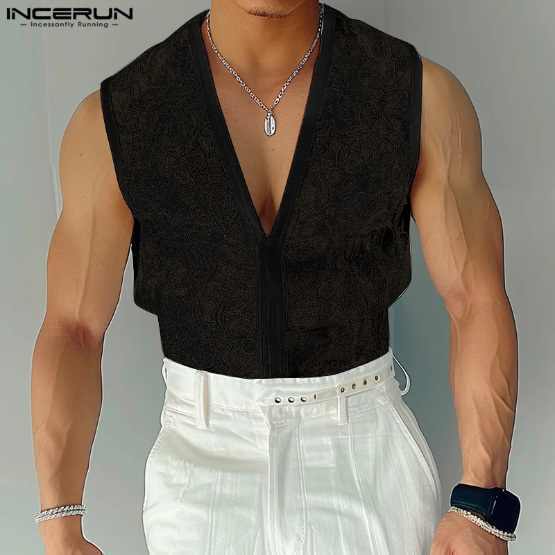 INCERUN Tops 2024 American Style New Men's V-neck Lace Print Perspective Vests Sexy Fashion Male Thin sleeveless Tank Tops S-5XL