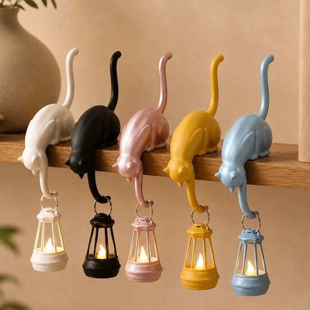 3D Printed Cat Wall Hook Light with Lantern Cute Figurine Cat Shaped Hook Inverted Cat Artistic Cat Decor Lamp Desk Organization