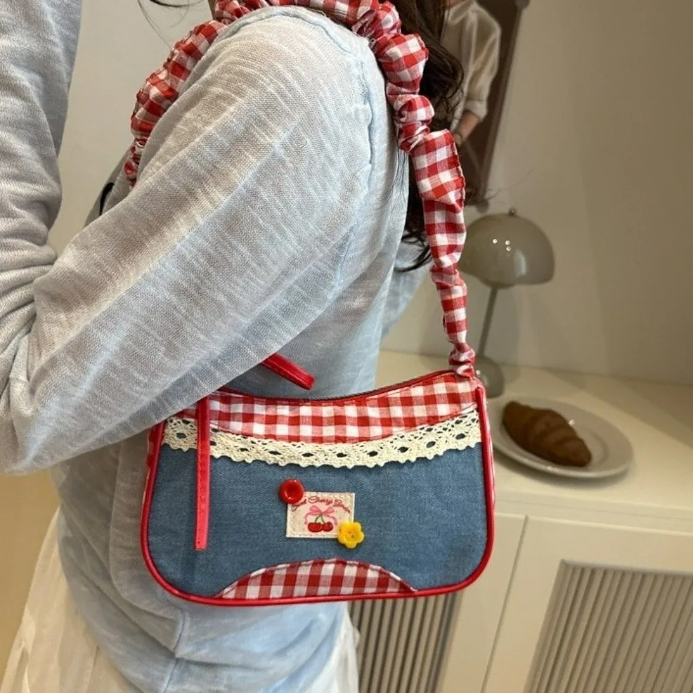 Sac à bandoulière en treillis de Style Rural doux, sac de loisirs en Denim à carreaux sous les bras avec nœud et cordon de serrage pour fille