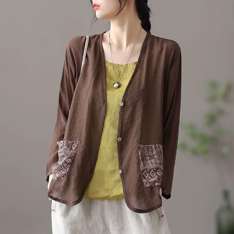 

Женский винтажный кардиган из хлопка и льна с V-образным вырезом, легкая летняя солнцезащитная куртка