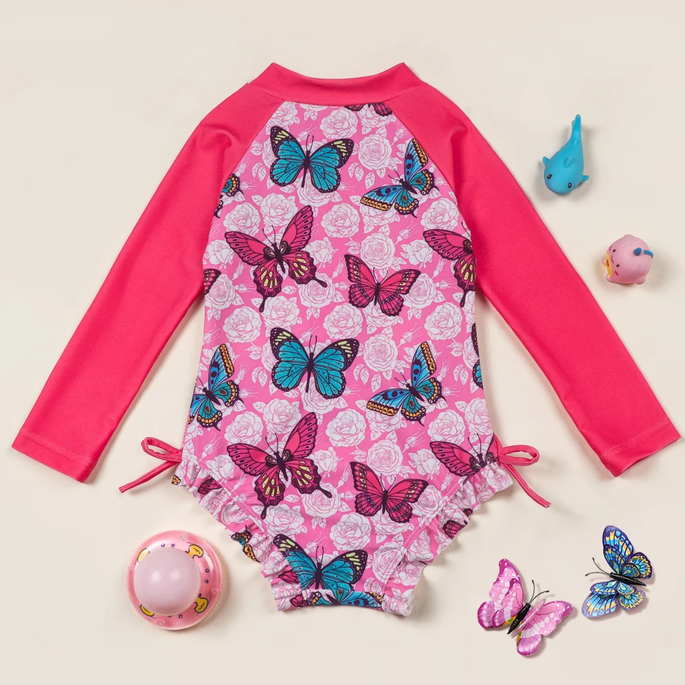 Long Sleeve Bathing Suits for Girls One-Piece Swimsuit Butterfly Print Zipper Ruffled Swimwear Swim Shirts for Surfing
