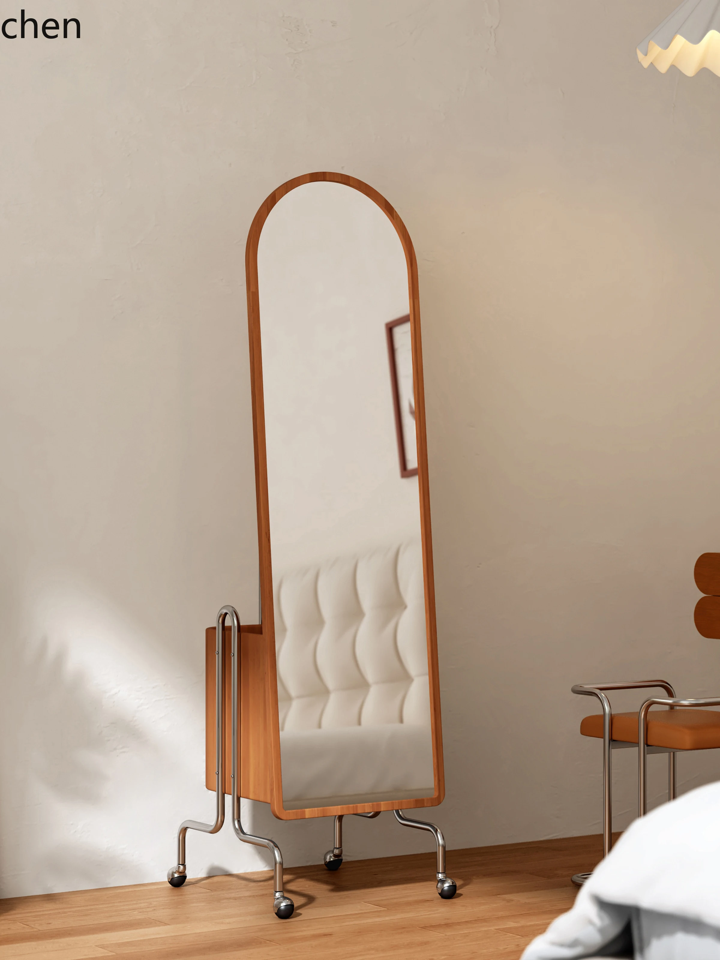 

HTT Retro Solid Wood Dressing Mirror with Integrated Clothes Rack, Full-Length Floor Mirror for Home Use, Movable