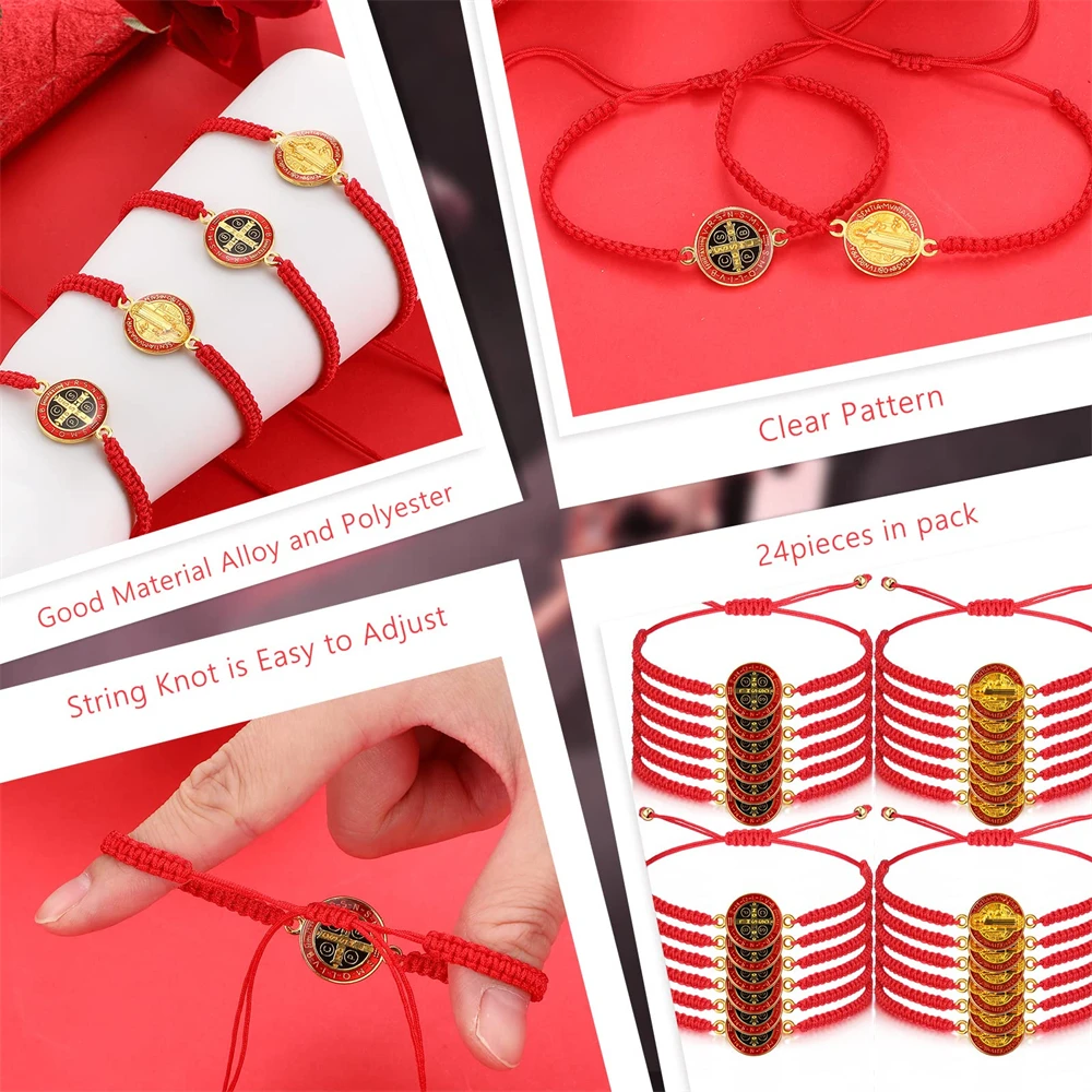 أساور بحبل أحمر وأسود ، ميدالية القديس بنديكت للحماية ، سان بنيتو الله الكاثوليكية ، هدية صلاة مصنوعة يدوياً ، 24 مديتو #1