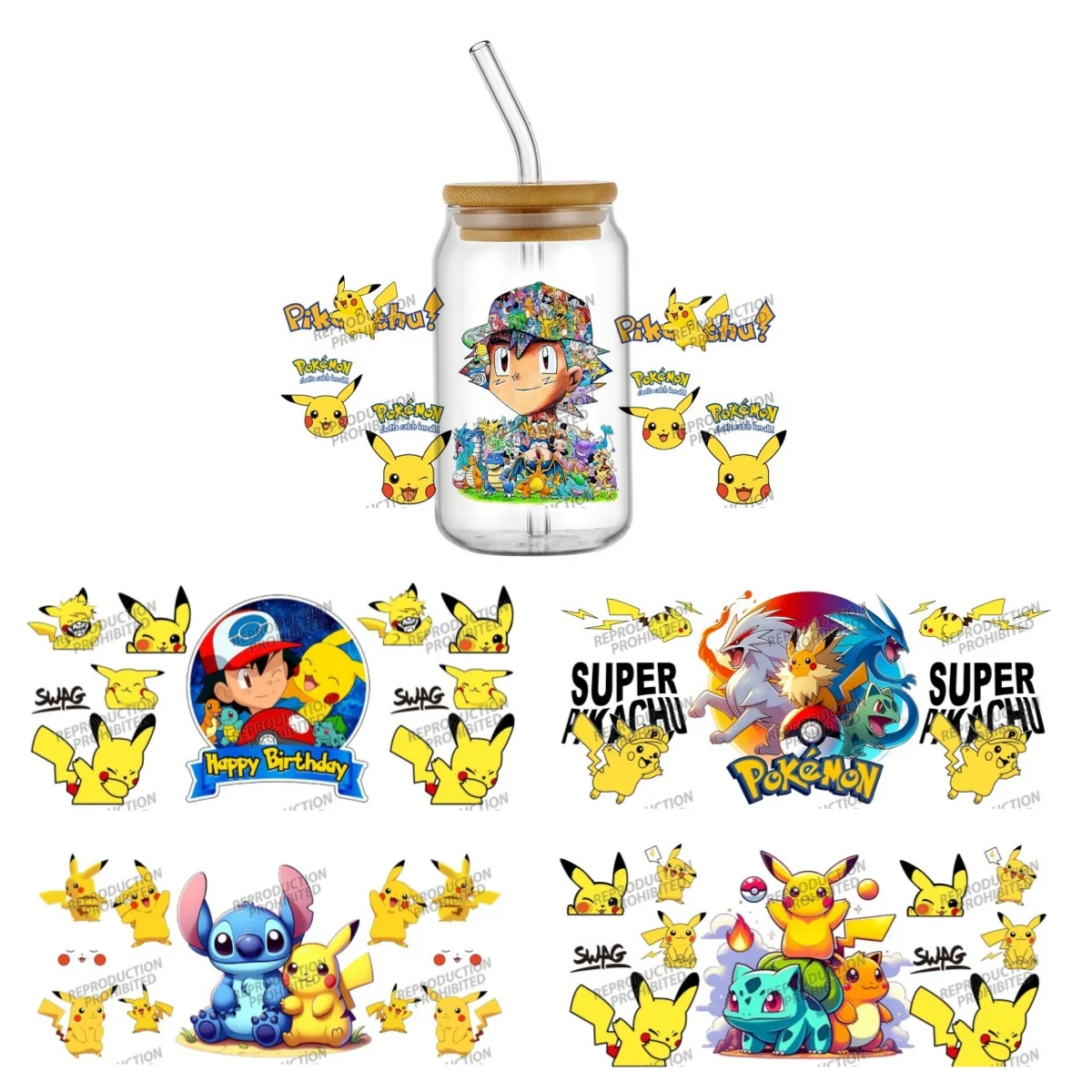 

3D Cartoon Pokemon Popular Design 16oz Libbey UV DTF Cup Wrap Transfers Sticker DIY Mug Custom Waterproof Sticker