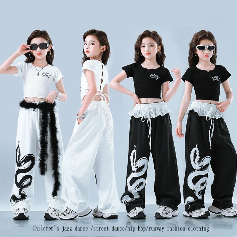 

Fashion Summer Children Hiphop T-shirt Pants Clothes Set Stylish Streetwear for Girl Stage Dance Outfit Kids Performance Costume