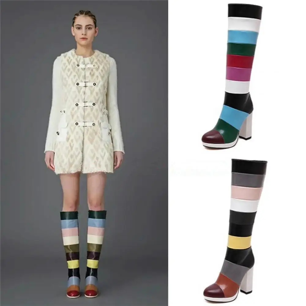 Winter Boots Multicolor Patchwork Leather Striped Knee High Women Boots Round Toe Zipper Blocked High Heel Riding Boots Woman