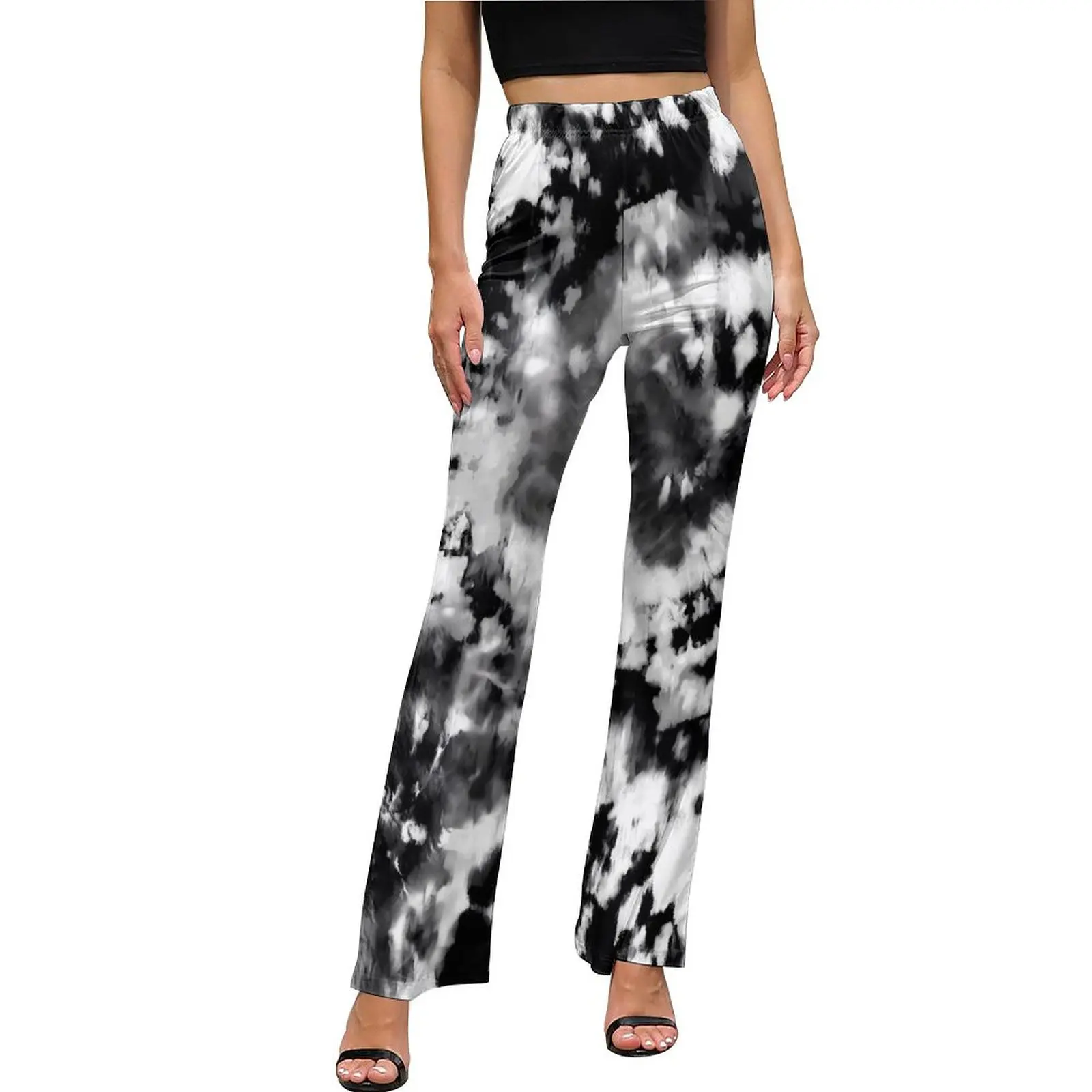 

White Black Tie Dye Pants Abstract Art Elastic High Waist Kawaii Flared Trousers Autumn Custom Aesthetic Pants Gift Idea