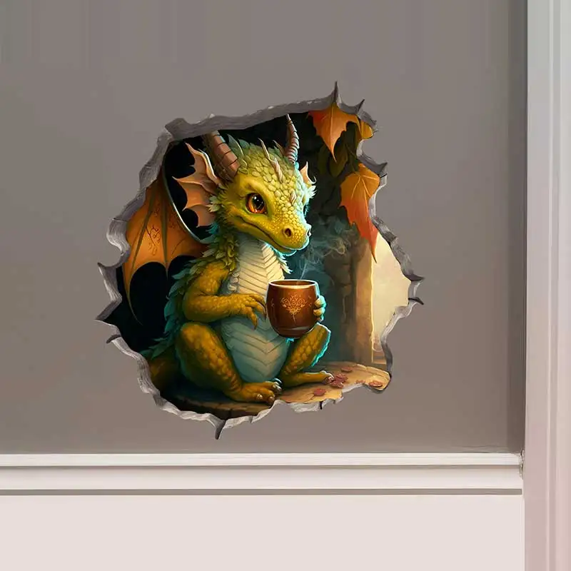 M454 Drachen Eltern und Kind lesen in Wandloch Aufkleber-Mausloch 3d Wanda uf kleber – Detail 5