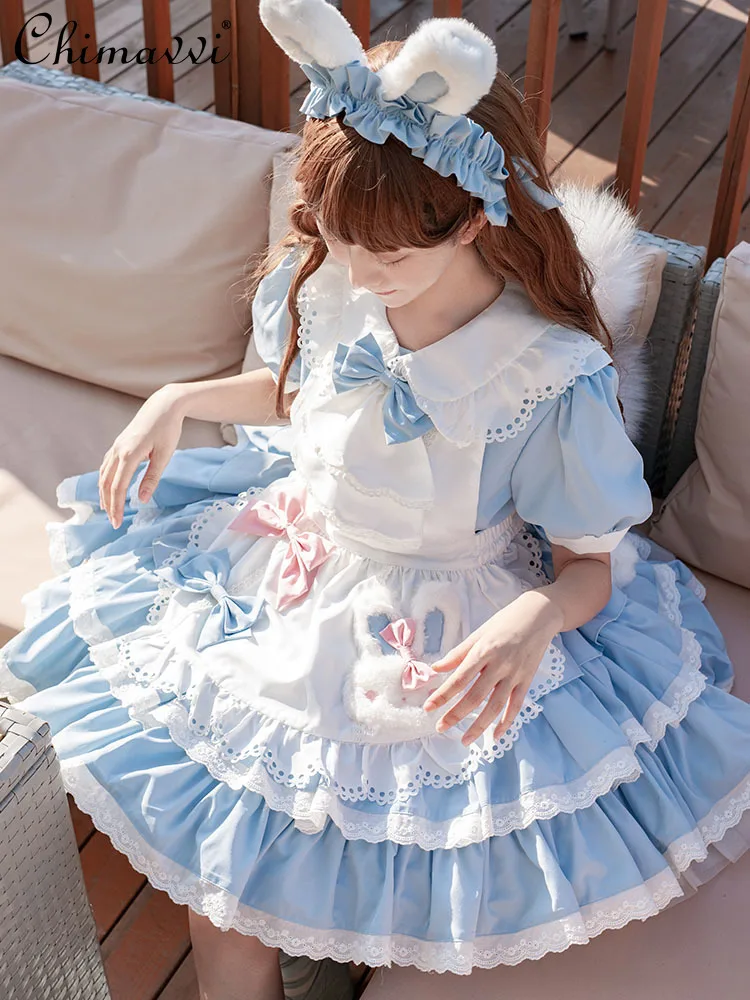 

Classic Maid Dress Sets 2024 Summer New Sweet Bow Lolita Op Dress Girl's Short Sleeve Cosplay Ladies Above Knee Lo Dresses