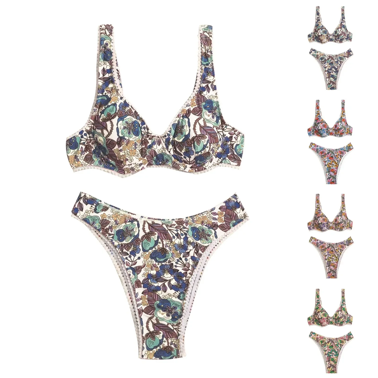 2024 damskie bikini dla dwuczęściowych kostiumów kąpielowych wyspa z nadrukiem marszczony Bandeau kostiumy kąpielowe z wysokim stanem tankini