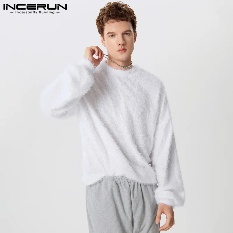 INCERUN Tops 2024 Korean Style Handsome New Men Loose Plush Fabric Pullover Casual Fashion Male Solid Long Sleeved Sweater S-5XL