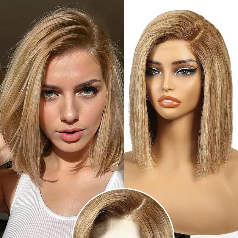 Blonde Brown Layered Straight Human Hair Wigs for Women Glueless Lace Front Wigs