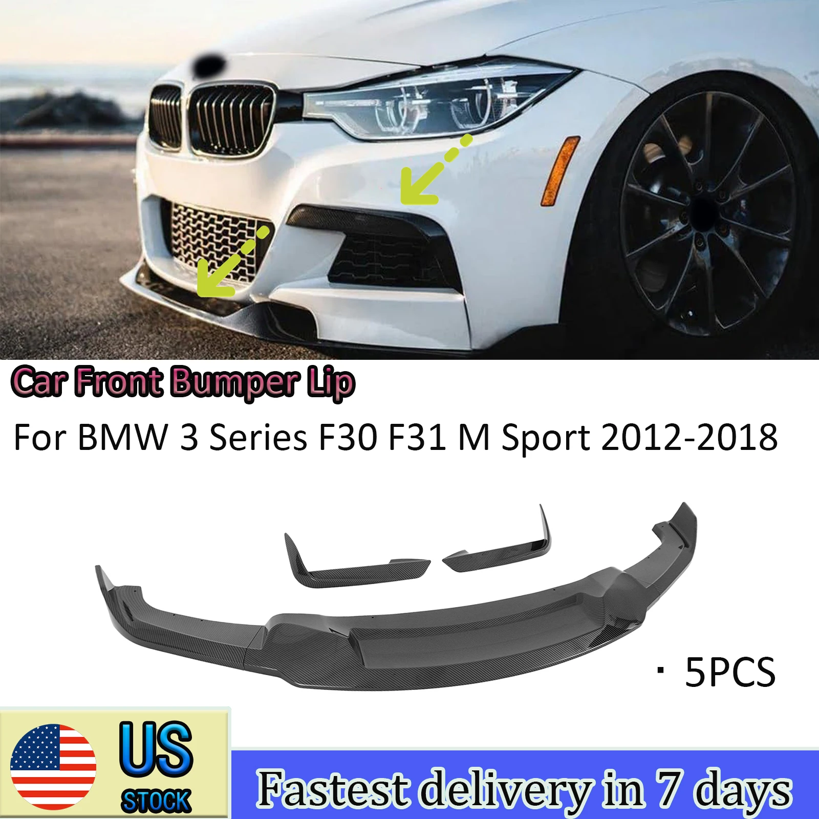 

5PCS Car Front Lip & Bumper Fang MAD Style For BMW 2012-2018 3 Series F30 F31 M Sport Spoiler Exterior Parts Auto Accessories