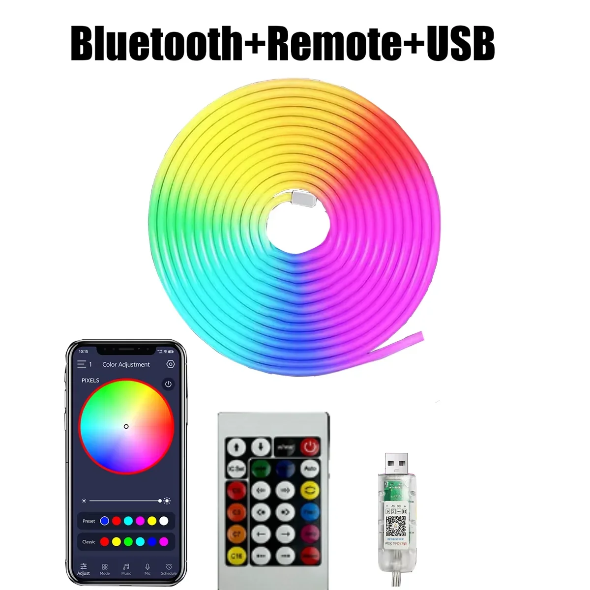 RGB neon strip light with remote control, flexible strip light, Bluetooth light, USB, waterproof, home decoration, 5V, 2m, 3m, 5