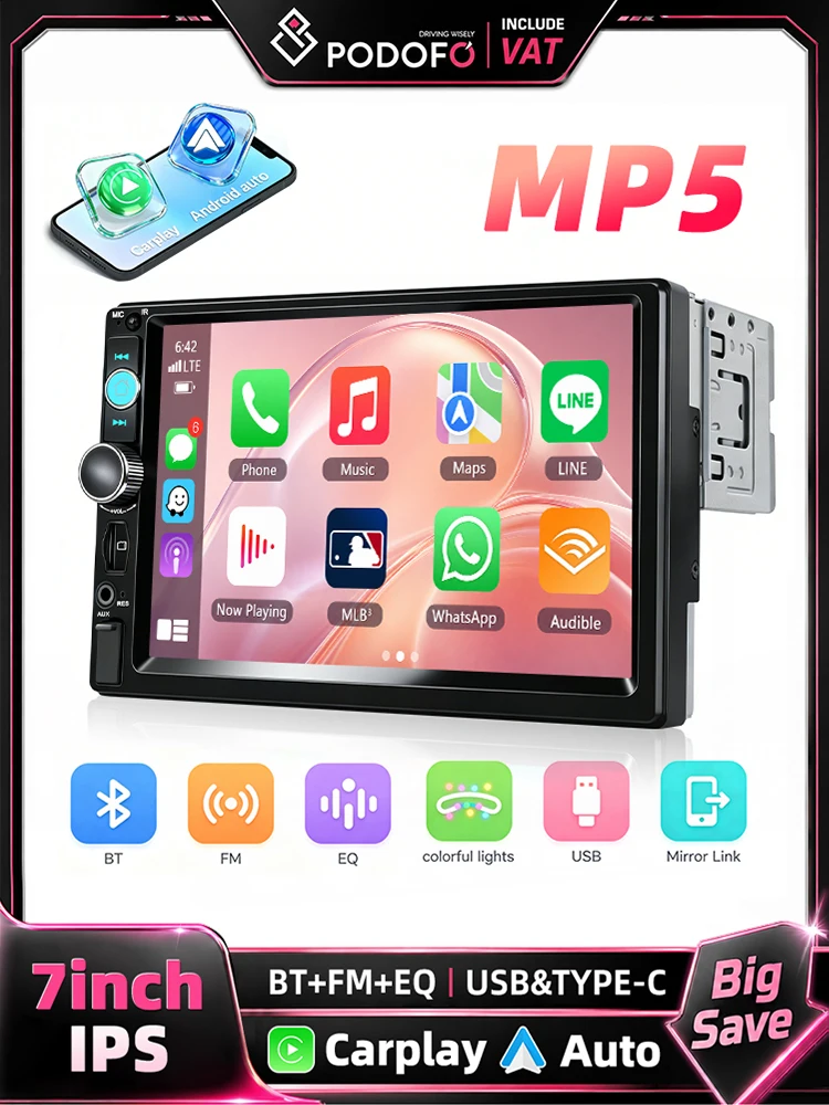 Podofo 7-calowy 1 Din Radio Samochodowe MP5 Odtwarzacz Multimedialny Bezprzewodowy Carplay Android Auto Mirror Link HD 1024*600 Ekran Dotykowy BT Radio FM USB AUX Klonowanie Ekranu Uniwersalne Radio — 2